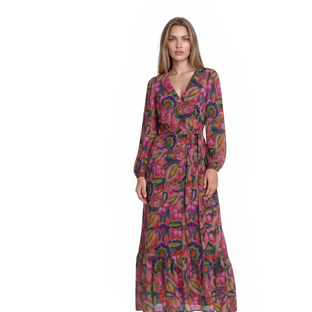 Jessica Howard Maxi Dress Women's Size 16 Pink Floral Long Sleeve V Neck Gown